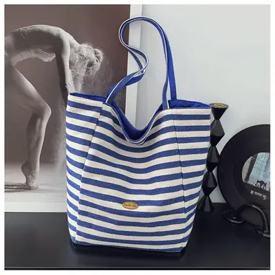 Blue Striped Lazy Style Large Tote Bag