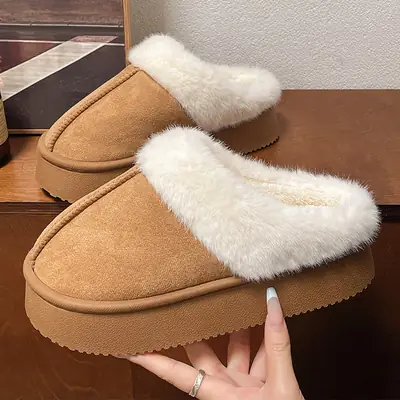 Women's Warm Fur-Lined Winter Slippers Cream