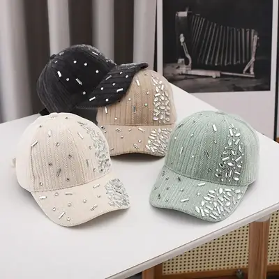 Gold Velvet Baseball Cap with Rhinestones for Women