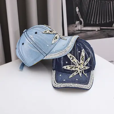 Blue Denim Baseball Cap with Rhinestone Star Design