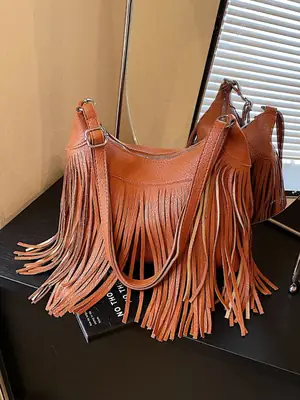 Women Crossbody Tassel Bag Brown Leather Large Capacity