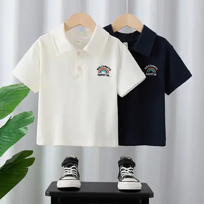 Children's White Cotton Polo Shirt Summer Lapel Baby Embroidered Top