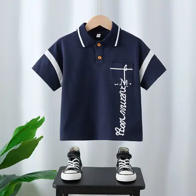 Boy's Navy Polo T-Shirt with White Cross Print