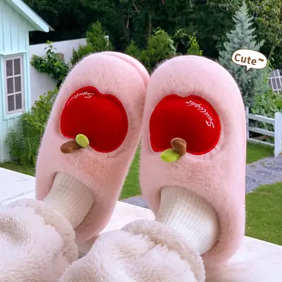 Apple Cotton Slippers for Women, Cute Home Slippers for Autumn and Winter, 2026 New Model, Fleece-Lined, Warm, Thick-Soled, Furry Slippers for Women in Winter