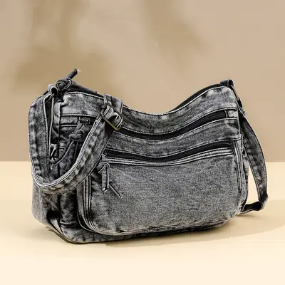Washed Denim Crossbody Bag for Women Large Capacity