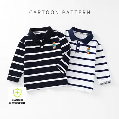 Boys Long Sleeve Polo Shirt Black White Striped Kids T-Shirt