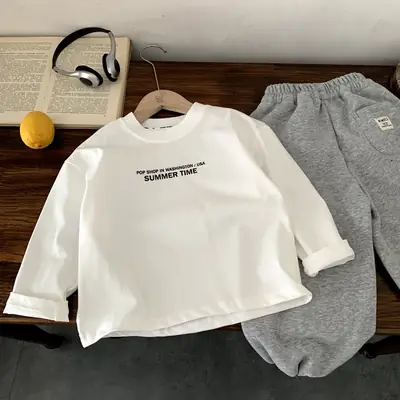 Children's White Long Sleeve T-Shirt & Grey Pants Set