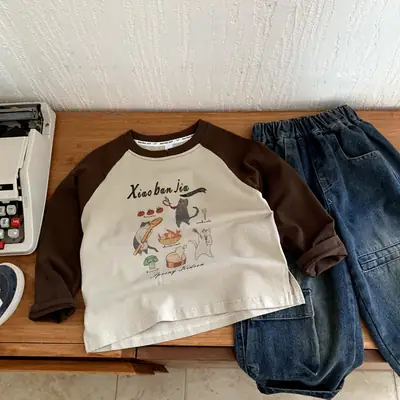 Kids Cotton Long Sleeve T-Shirt Brown White 2025