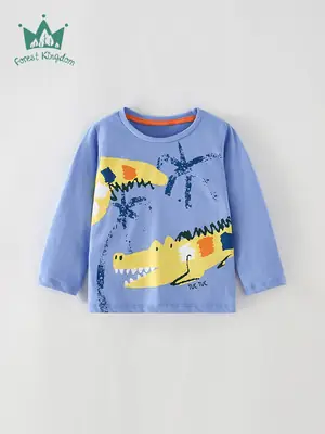 Dinosaur Print Boys T-Shirt Blue Cotton Round Neck Long Sleeve