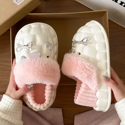 Pink Plush Cotton Winter Slippers for Women