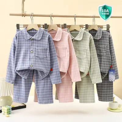 10A-Antibacterial Kidsren's Plaid Autumn and Winter German Velvet Pants Home Clothes for Boys and Girls Lapel Girls Long-Sleeved Suit