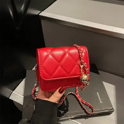 Red Quilted Chain Shoulder Bag for Women
