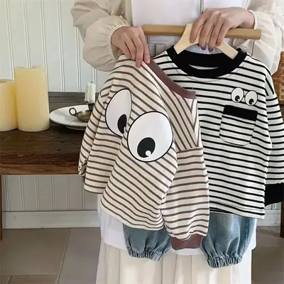Children's Striped Long Sleeve T-Shirt Brown Black Cartoon Print