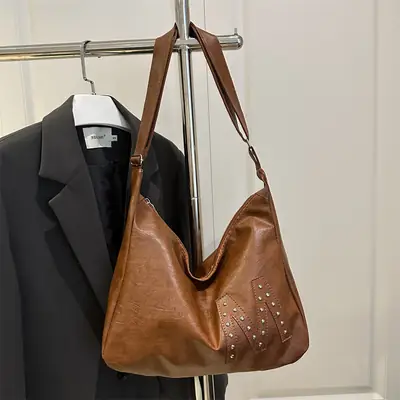 Vintage Brown Leather Shoulder Bag with Studded Design