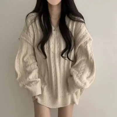 Women Cable Knit Sweater Grey Loose Lazy Autumn Winter