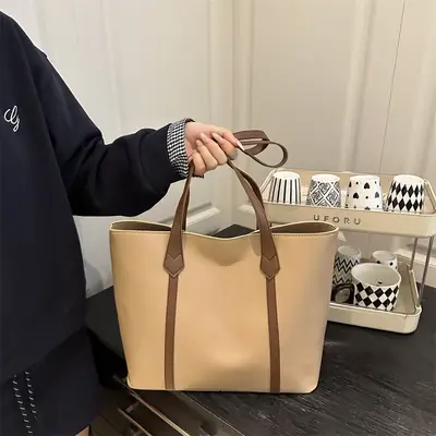 Women's Contrast Stitching Tote Bag Large Capacity Leather Goods