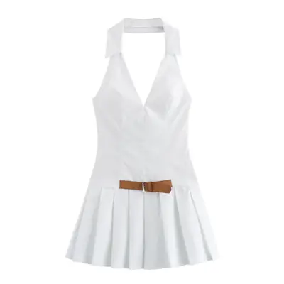 Elegant White Belted Halter Neck Dress for Women