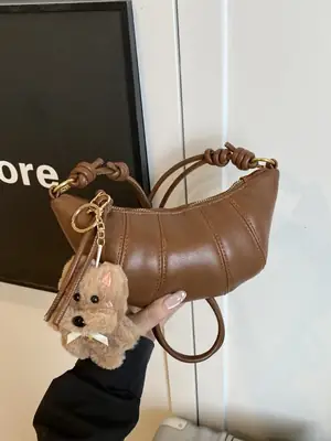Retro Brown Crossbody Bag with Bear Charm