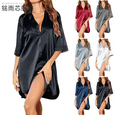 2025 Amazon Cross-Border Women's Satin Nightgown Bathrobe Solid Color Glossy Summer Thin Sexy Short-Sleeve Home Luxury Style