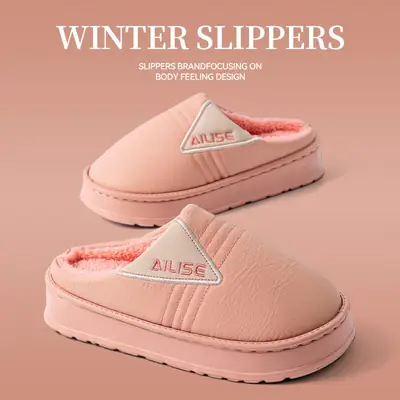 Winter Warm Cotton Slippers for Men Women Pink 4.0cm Waterproof