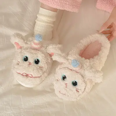 Nanbowan Little Hat Cat Cotton Slippers for Women, Winter Indoor Thick-Soled Plush Warm Cute Girly Furry Shoes for Women