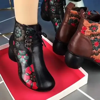 New Soft Leather Women's Ethnic Boots with Thick Heel