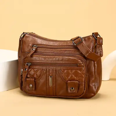 Brown Quilted Shoulder Crossbody Bag Large Capacity