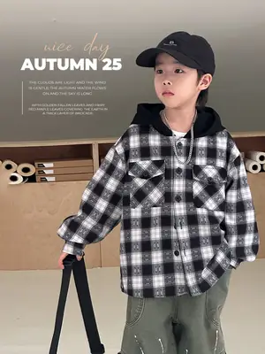 Children's Plaid Hooded T-Shirt Set for Boys 2026
