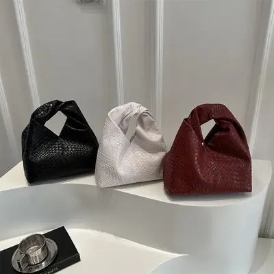 Retro Woven Shoulder Handheld Tote Bag Black White Maroon