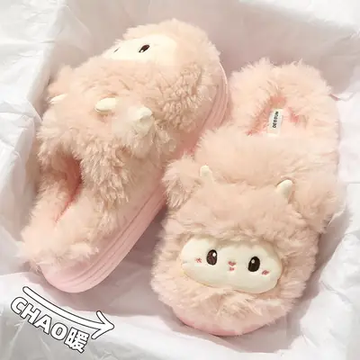Women Cartoon Sheep Plush Winter Slippers Gray