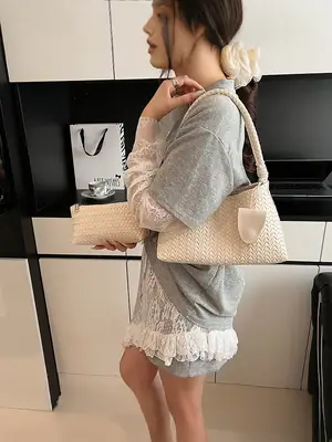 Light Brown Woven Shoulder Bag for Women 2025
