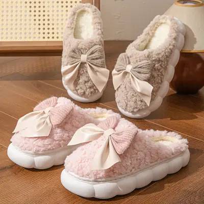 Pink Bow Cotton Slippers for Women Winter Comfort