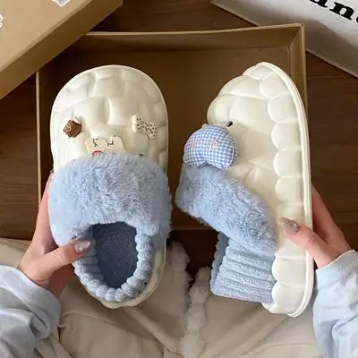 Winter Velvet Cotton Slippers for Women Blue White