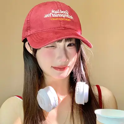 Women Red Embroidered Baseball Cap with Wide Brim