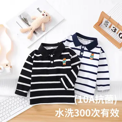 Kids Long Sleeve Polo Shirt Black White Striped Spring Outing