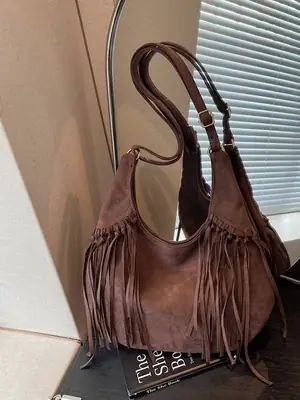 Brown Fringed Suede Handbag for Women 2026