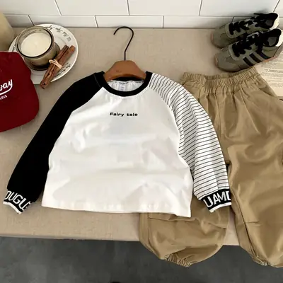 2025 Kids Korean Style Raglan Sleeve T-Shirt White Black Medium