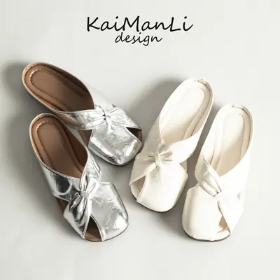 Brown French Lazy Muller Sandals for Women Low Heel Soft Leather