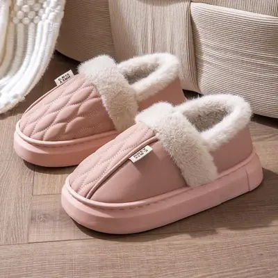 Winter Waterproof Cotton Slippers for Men Pink Beige