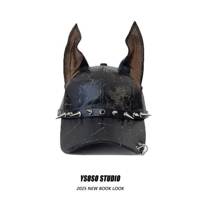 American Doberman Ears Cap for Men Women Y2K Leather Punk Rivet