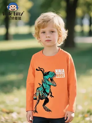 Orange Kids T-Shirt Cartoon Dinosaur Knit Round Neck