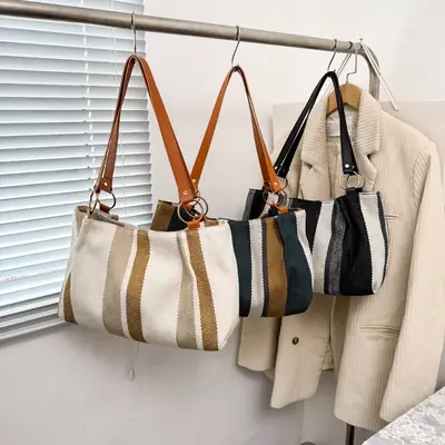 Large Capacity Striped Canvas Tote Bag for Women