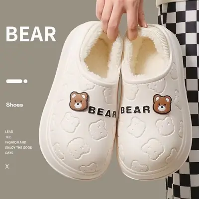 Cute Bear Embroidered Women's Cotton Slippers