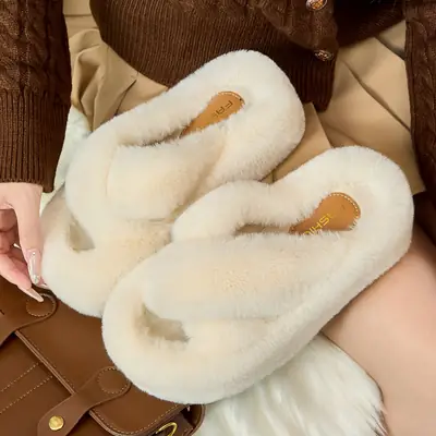 Cross Fur Slippers Women Outerwear 2025 Thick Soft Autumn Winter