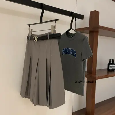 Korean Style Pleated Skirt Pants Grey Belted