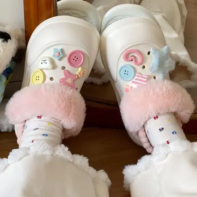 Women Velvet Winter Slippers with Warm Faux Fur & Cute Buttons