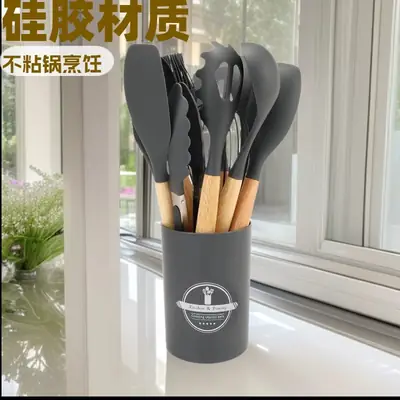 Cross-Border Silicone Kitchenware 12-Piece Kitchen Non-Stick Cooking Spatula Scraper Wooden Handle Barrel Kitchen Tool Set