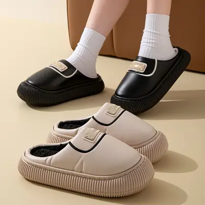 Women Waterproof Cotton Slippers Black Non-Slip Thick Sole