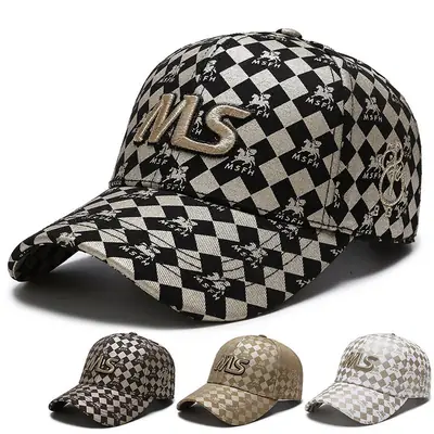 Trending Unisex Baseball Cap with Ms Embroidery & Checkered Print