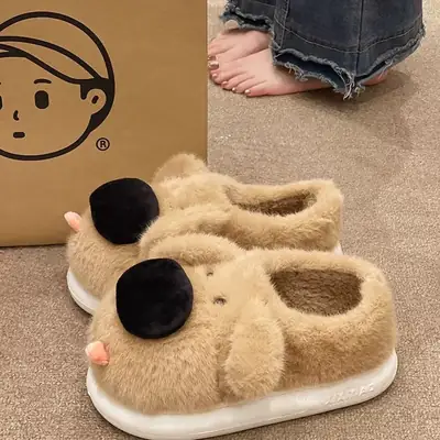 Cute Plush Dog Slippers for Women Winter Warm Indoor Home